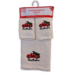 Set Of 3 Holiday Bath Set- Truck / Christmas Tree Christmas Scene 100% Cotton